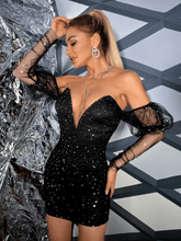 Mesh Puff Sleeve V Bar Rhinestone Dress - Shah S. Sahota